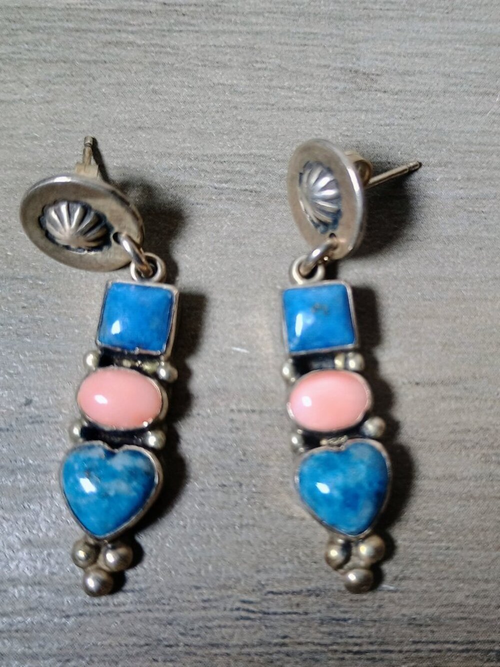Don Lucas Sterling Silver Turquoise Pink Coral Heart Drop Earrings Post Signed